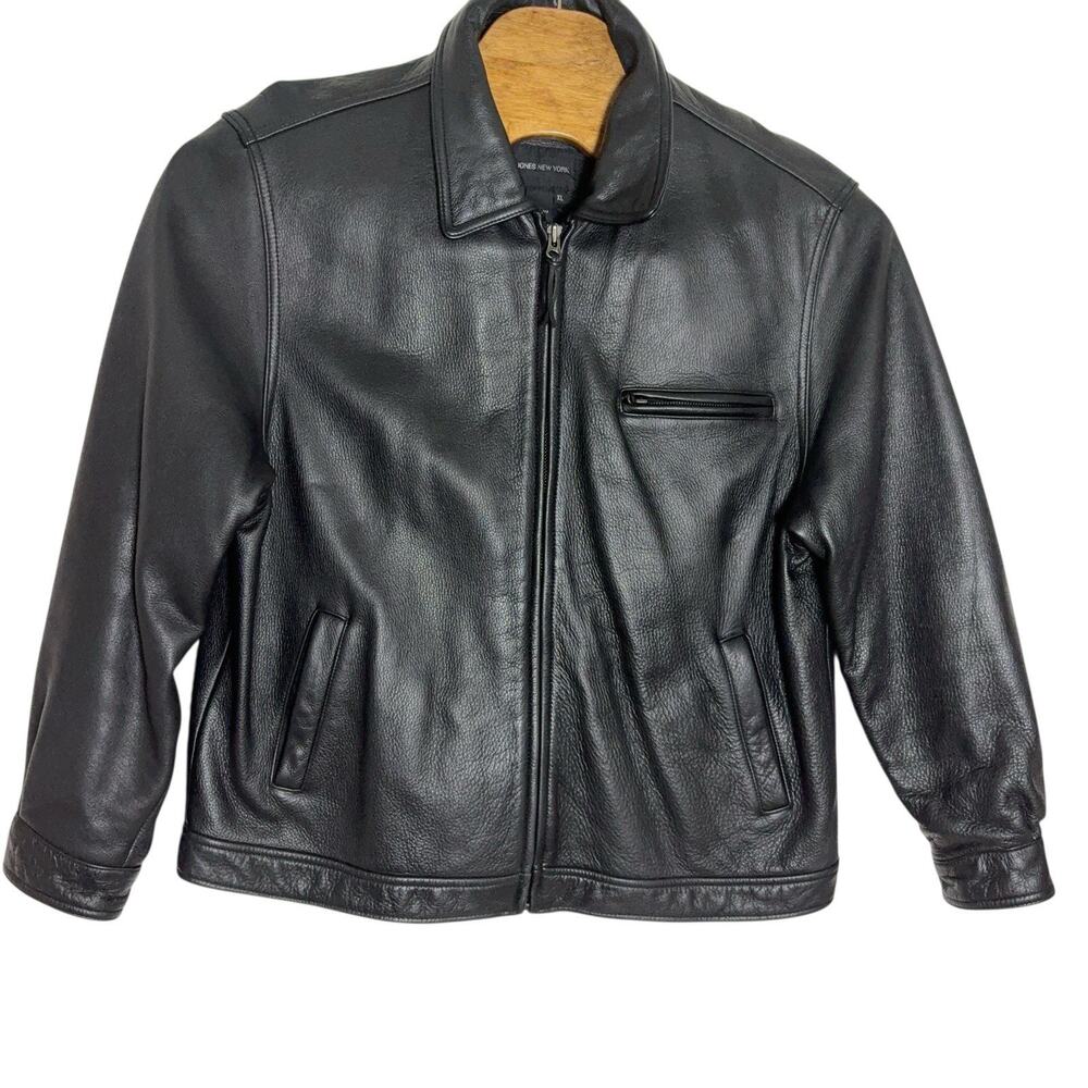 Jones New York Leather Jacket Mens Size XL Black Bomber Quilted Lining Zipper